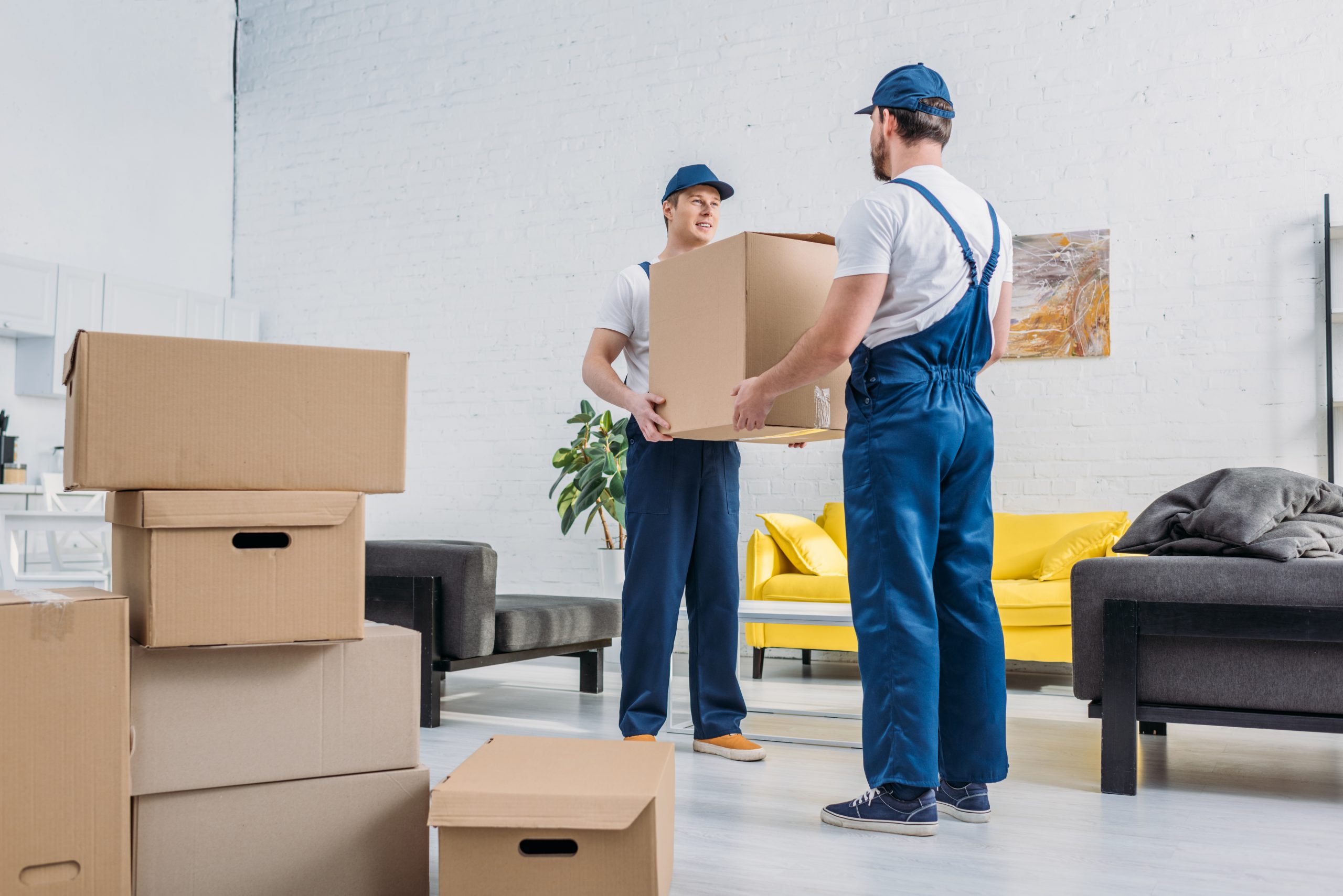 two movers in uniform transporting cardboard box in living room